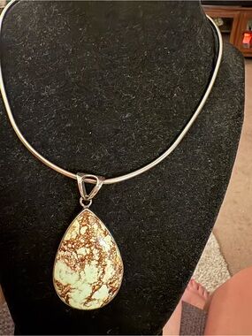 Sterling Silver Teardrop Turquoise Pendant Necklace - lt green/yellow and Brown
